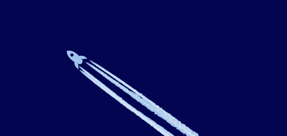 Zeichnung einer kleinen weißen Rakete, die vor einem blauen Hintergrund aufwärts fliegt