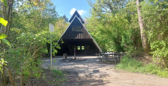 Eine Grillhütte mit einer Feuerstelle davor