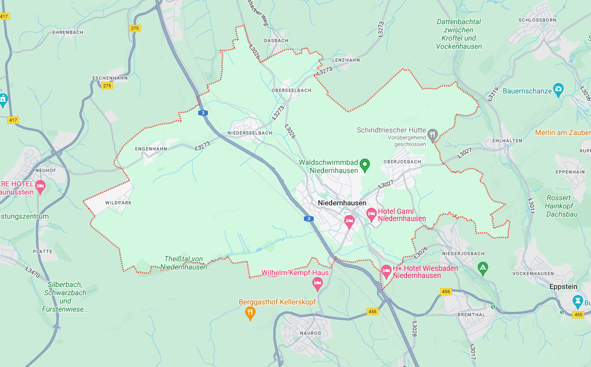 Eine Karte von Niedernhausen, die die Grenzen der Gemeinde als rote Linie zeigt.