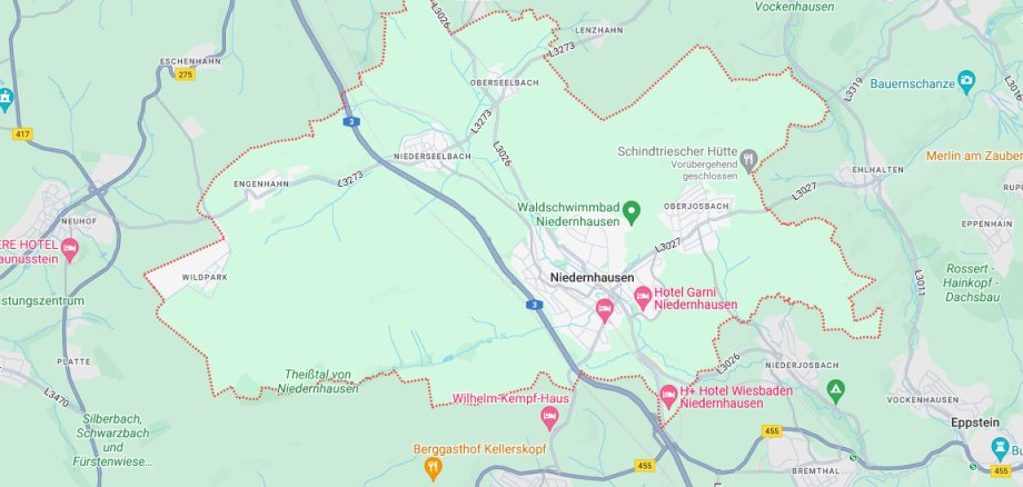 Eine Karte von Niedernhausen, die die Grenzen der Gemeinde als rote Linie zeigt.