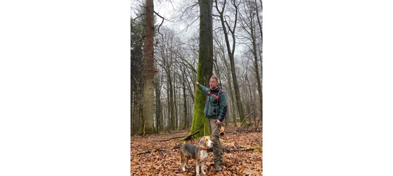 Ein Förster mit einem Hund vor Bäumen