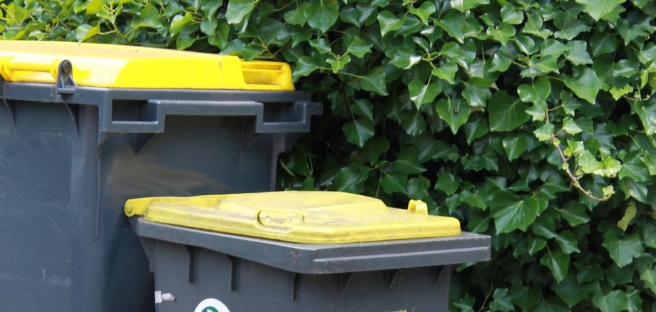 Zwei Mülltonnen mit gelben Deckeln