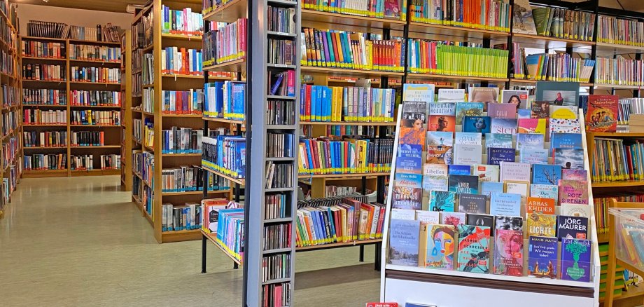 Blick auf einen Raum mit mehreren Bücherregalen