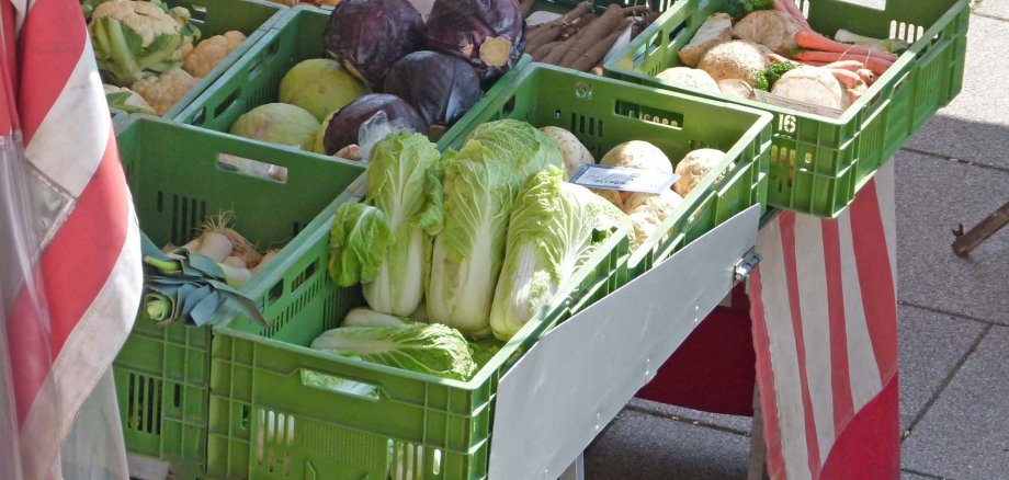 Blick von schräg oben auf einen Marktstand mit verschiedenen Gemüsesorten in der Auslage
